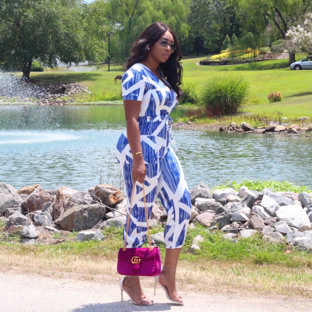 Blue and white print jumper